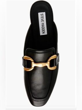 Steve Madden Black Leather Mule with Gold Horsebit Accent
